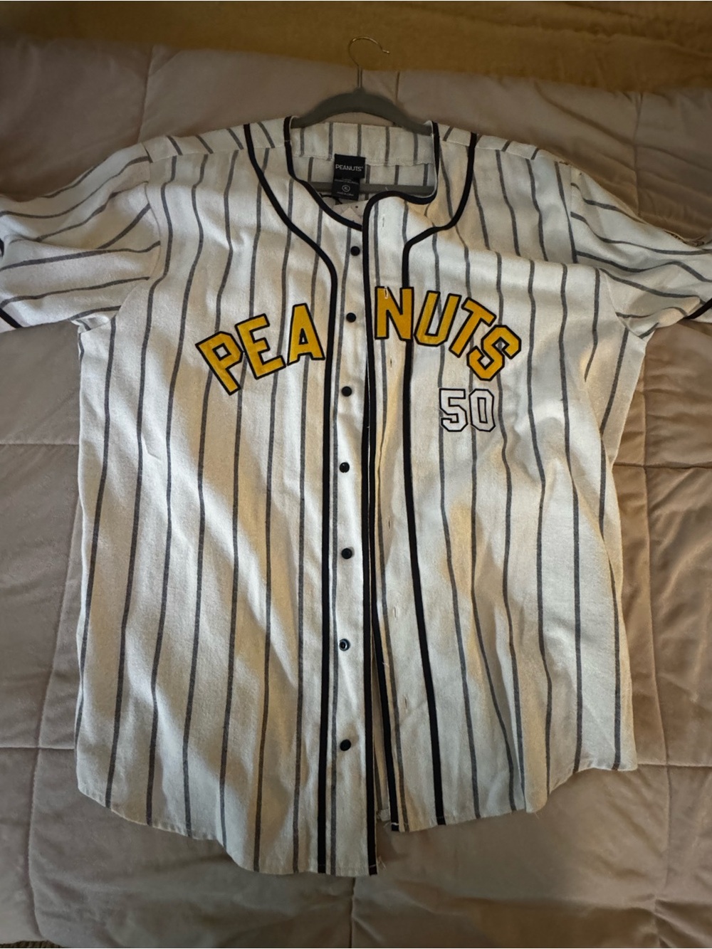 Peanuts White Pinstripe Shirt with Black Trim and Yellow Logo Accent